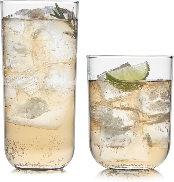 Libbey Polaris Tumbler and Rocks Glass Set, Elegant Drinkware Glasses Set, Lead-Free Tall Drinking Glasses with Modern Clean Lines, Dishwasher Safe Drinking Glasses Set of 16, Axis