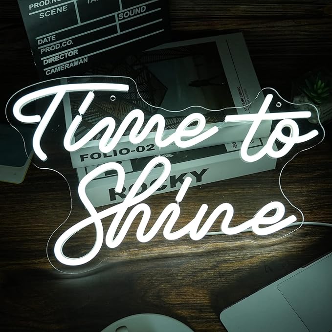 Time To Shine Neon Sign White Led Sign Time To Shine Neon Lights Decor for Lover Dimmable Letter Neon Wall Signs USB Powered with Switch Neon Signs for Wall Decor Party Wedding（16.5’’X10.2’’）