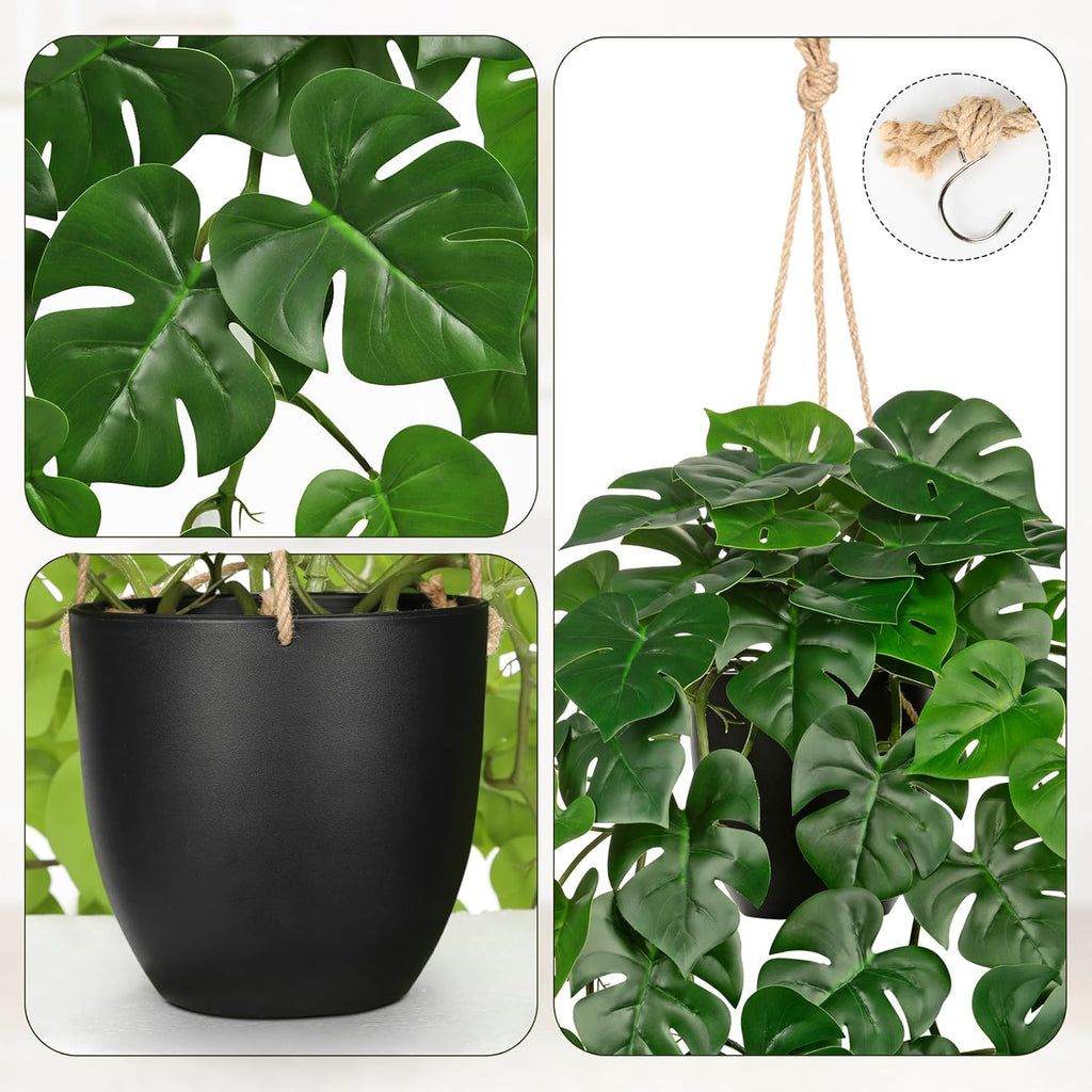 Large Fake Hanging Plants in Pot with Hook, 37" Artificial Hanging Monstera Leaves Vines Plants, Fake Potted Greenery Plant for Room Wall Living Room Bathroom Kitchen, Faux Ivy Houseplants for Shelf