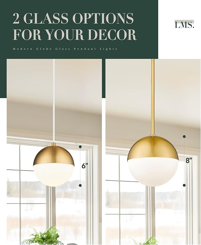 LMS 8 Inch Mid Century Pendant Lights, Brushed Gold Kitchen Island Light Fixtures with White Globe Glass Shade, Adjustable Hanging Rod, 3-Pack for Home Office Dining Room Bathroom, LMS-186BG3PK