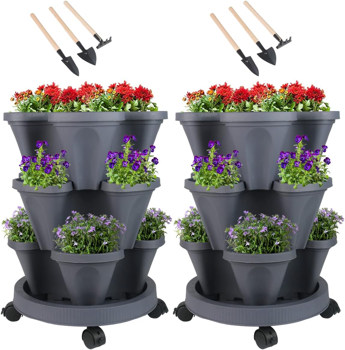 Vertical Planter 3 Tier Stackable Planters Garden Planters Strawberry Herb Flower and Vegetable Planter Indoor Outdoor Gardening Pots with Removable Wheels and Tools