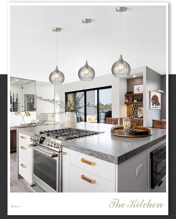 Brushed Nickel Pendant Lights Kitchen Island, Globe Pendant Light Fixtures with 8 Inch Clear Glass Shade, Modern Hanging Light Fixtures for Kitchen, Bedroom (2 Pack - Gray Glass Pendant Light)