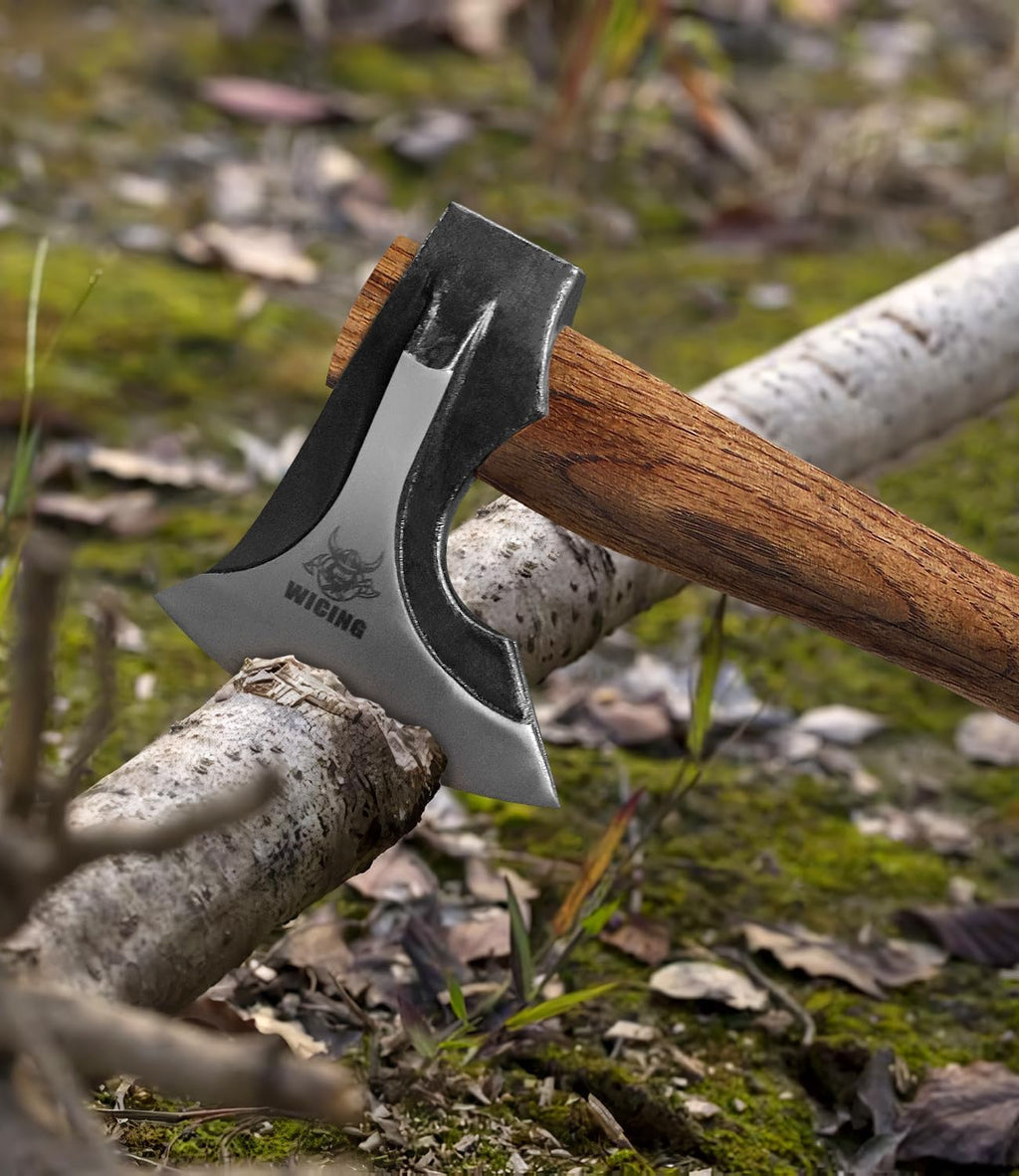 Camping Hatchet, 14.2-inch Splitting Axe with Leather Sheath, Chopping Axe 1065 High Manganese Steel and Hickory Handle