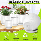 LESOASIS Plastic Plant Pots 10/9/8/7.5/7 inch Set of 5, Flower Planters with Drainage Holes and Saucers, Plastic Pots for Indoor Outdoor Plants, Livingroom Garden Decor (White)
