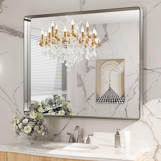 LOAAO 48x40 Inch Brushed Nickel Bathroom Mirror, Rounded Rectangle Silver Metal Frame Mirror, Brushed Nickel, Anti-Rust, Shatter Proof, Hangs Horizontally or Vertically