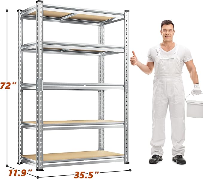 REIBII Garage Shelving, 5 Tier Storage Shelves Load 2020LBS, Adjustable Garage Shelving Heavy Duty, Metal Shelves Unit with Waterproof Columns, 35.5" W x 11.9" D x 72" H, Galvanized, 2 Pack