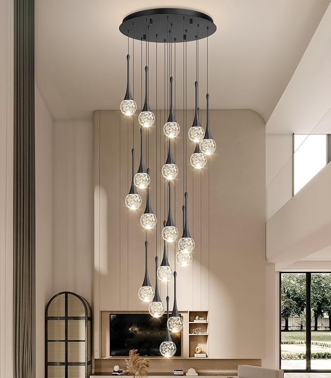 18 Light Modern Glam Crystal Chandelier for High Ceiling LED Dimmable Ceiling Pendant Light Staircase Foyer Enterway Living Room Chandelier Lighting Antique Black