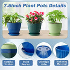 Plastic Plant Pots, 6 Pack 7.5 Inch Flower Pots with Drainage Holes and Saucer, Planters for Indoor Outdoor Plants, Stylish Decor for Home and Garden(Blue, Green, Dark Green)