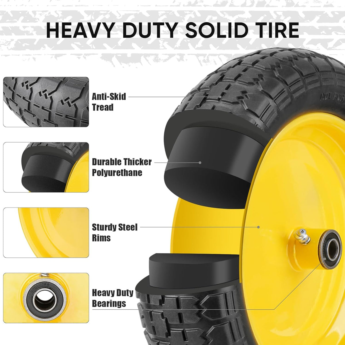 TICONN 4.80/4.00-8 Tire, 14.5" Flat Free Wheelbarrow Tire and Wheel, Solid Replacement Tires, 5/8" 3/4" Bearings, Universal Fit 4.80/4.00-8, 3.50/3.00-8, 4.00-6 (14.5" Yellow, 4PK)