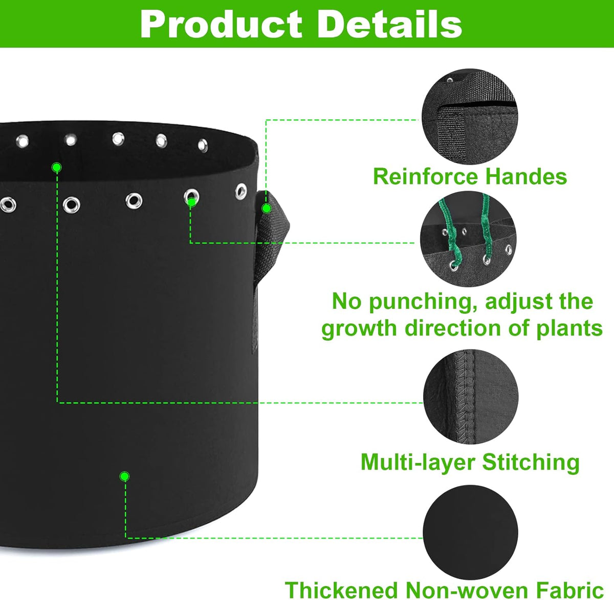 3 Gallon Plant Grow Bags 5-Packs with Holes,Thichkened Non-Woven Aeration Fabric Pots with Handles - Reinforced Weight Capacity