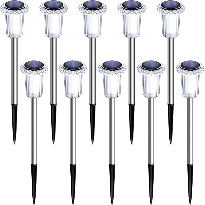Solar Pathway Lights 10 Pack Solar Lights Outdoor Waterproof 6000K Cold White Yard Lighting, LED Stainless Steel Stake for Garden Outside Landscape Lawn Driveway Walkway Path