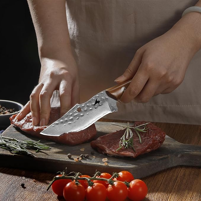 Meat Cleaver with Leather Sheath, Hand Forged Kitchen Utility Knife, 4.3" - Damascus Steel Blade for Cutting Meat, BBQ Brisket Knives for Home Outdoor Camping, Full Tang