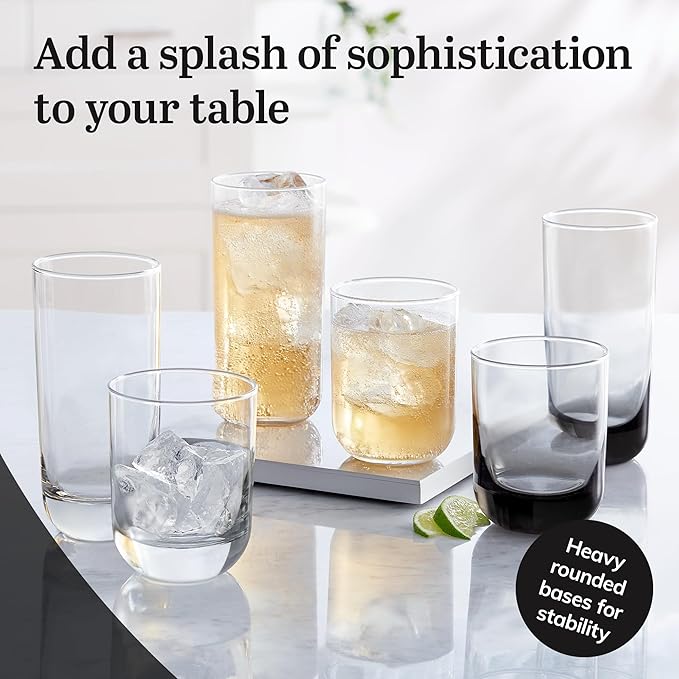 Libbey Polaris Tumbler and Rocks Glass Set, Elegant Drinkware Glasses Set, Lead-Free Tall Drinking Glasses with Modern Clean Lines, Dishwasher Safe Drinking Glasses Set of 16, Axis