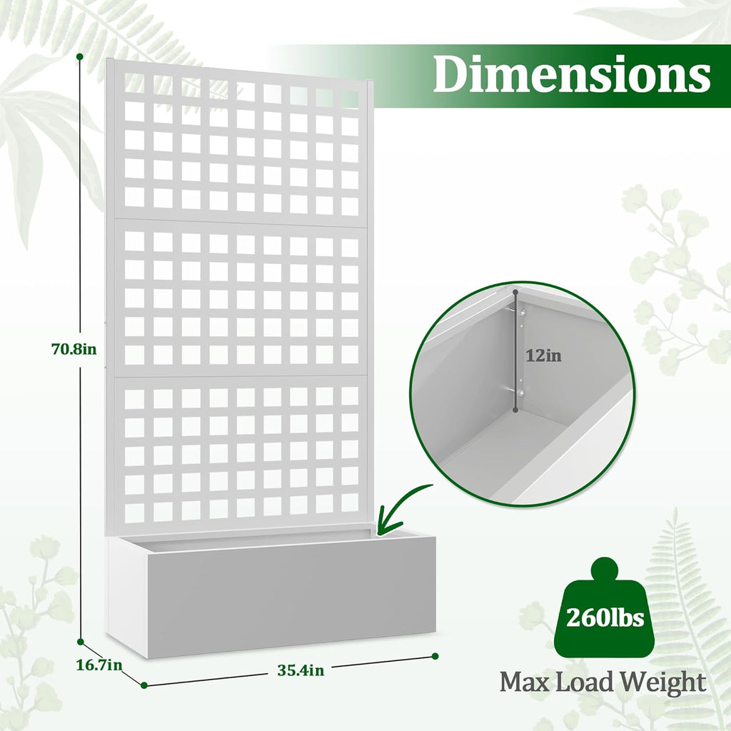 Metal Raised Garden Bed with Trellis, 2 in 1 Trellis with Planter Box & Privacy Screen for Climbing Plants, Vine, Outdoor Standing Flower Beds with Drainage Holes, 35.4"L x 16.7"W x 70.8"H, White