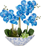 Briful Blue Orchid Fake Flowers 17in Artificial Orchid Silk Flowers in Blue and White Vase Faux Orchid Arrangement for Home Office Bathroom Table Shelf Modern Decoration