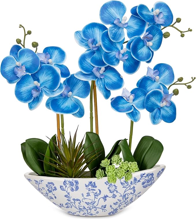 Briful Blue Orchid Fake Flowers 17in Artificial Orchid Silk Flowers in Blue and White Vase Faux Orchid Arrangement for Home Office Bathroom Table Shelf Modern Decoration