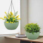 Meowell 10 inch Hanging Planters Plant Pots for Indoor Outdoor Plants, 2 Pack Hanging Flower Pots with Drainage Holes and Chain for Garden Porch, Plastic Hanging Baskets for House Plants, Green