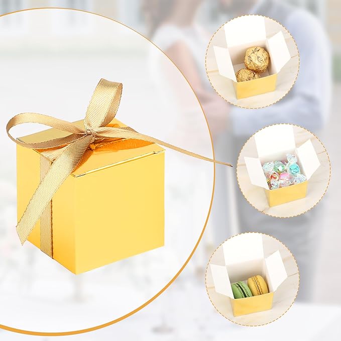 EUSOAR Small Gift Boxes with Lids, 120pcs 2x2x2 Inches Gold Party Favor Box Soap Packaging with Ribbon, Cube Candy Box Mini Muffins Bags Macaron Container for Birthday Advent Calendar DIY Supplies