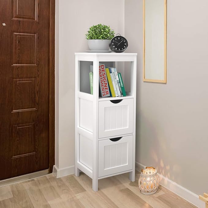 Tangkula Bathroom Floor Cabinet, Wooden Storage Cabinet w/2 Adjustable Drawers, Narrow Storage Floor Cabinet for Living Room Bathroom Office (White)