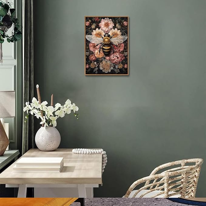 Djmwtb Vintage Framed Wall Art Floral Bee Canvas Wall Art Prints Botanical Flower Painting Cottagecore Pictures Artwork for Living Room Bedroom Office 12x16in