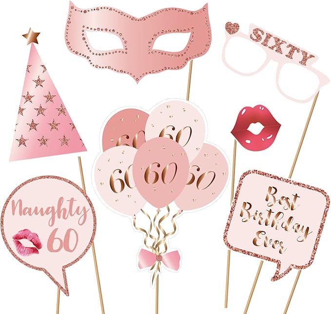 60th Birthday Party Photo Booth Props and Signs, Rose Gold 60 Birthday Party Selfie Props Kit with Sticks for Girls Women, Sixty 60th Happy Birthday Party Decorations Supplies Favors