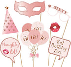 60th Birthday Party Photo Booth Props and Signs, Rose Gold 60 Birthday Party Selfie Props Kit with Sticks for Girls Women, Sixty 60th Happy Birthday Party Decorations Supplies Favors
