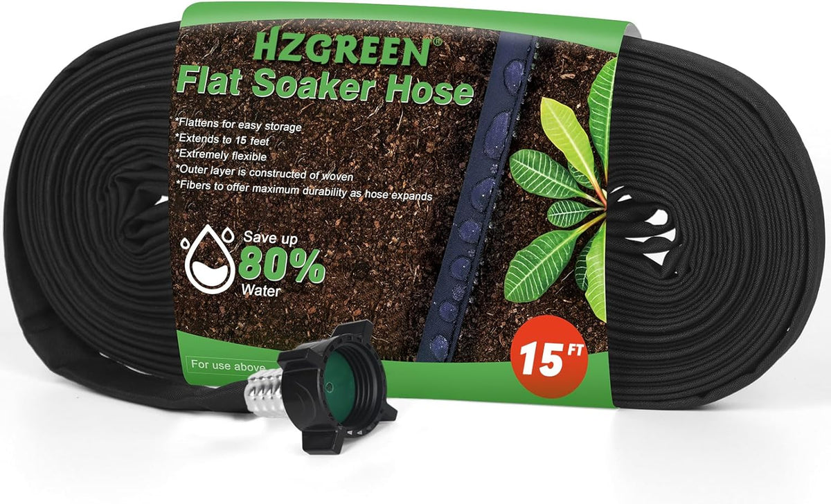 Flat Soaker Hose 15 FT,Drip Hose for Garden Beds Linkable Irrigation System Lightweight and Easy Watering for Tree Plant and Save 80% Water for You (15FT)