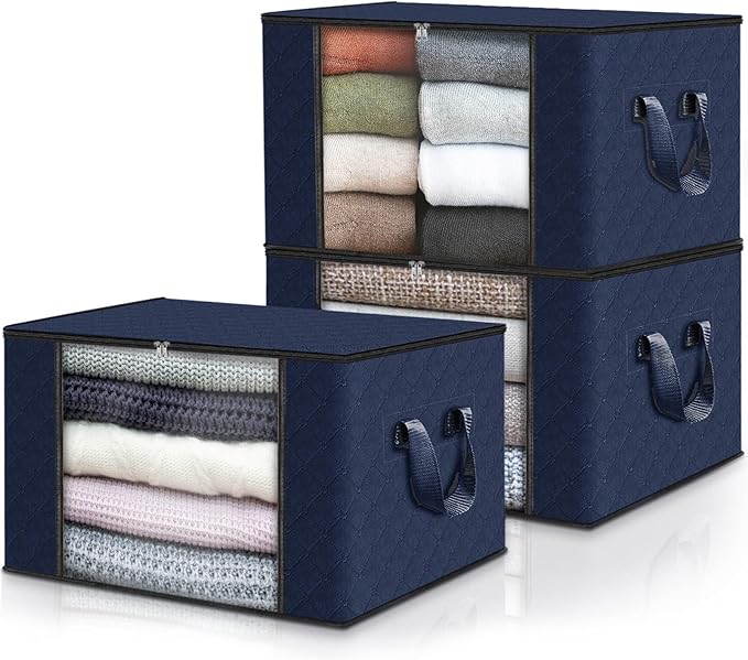 Fab totes 3 Pack Clothes Storage, Foldable Thick Fabric Blanket Storage Bags, Containers for Organizing Bedroom, Closet, Clothing, Comforter,Closet Organization with Handle,Blue