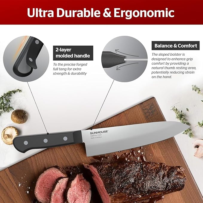 Sunhouse Chef Knife, 7.5 Inch High Carbon Stainless Steel Sharp Kitchen Knife with Ergonomic Handle, Ultra-durable 2-layer Molded Handle, A Useful Chef Gift for Mom and Dad