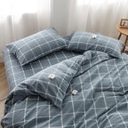 FACE TWO FACE Bedding Duvet Cover Set 3 Pieces 100% Washed Cotton Duvet Cover Linen Like Textured Breathable Durable Soft Comfy (King, Grey Green Grid)