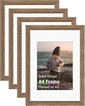 KINLINK A4 Picture Frame, Brown Solid Wood Frames with Acrylic Plexiglass for Pictures A5 with Mat or A4 without Mat, Tabletop and Wall Mounting Display 4 Pack