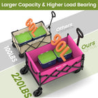 Collapsible Wagon with Wheels, 220 lbs Wagons Carts Foldable Wagon Cart with Flexible Handle, Lightweight Portable Folding Utility Grocery Shopping Cart for Grocery Sports Garden Camping, Pink