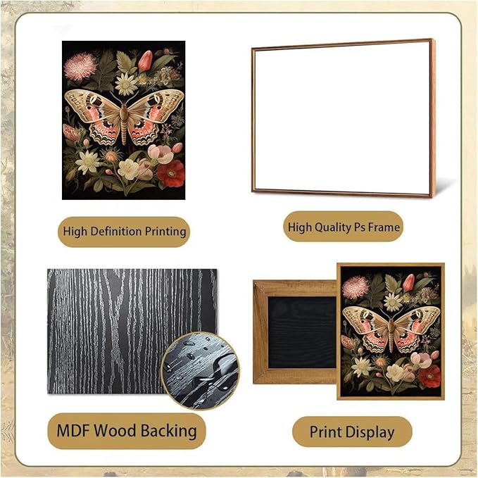 Djmwtb Vintage Framed Wall Art Butterfly Canvas Wall Art Prints Floral Botanical Pictures Flower Painting Wall Decor Artwork for Living Room Bedroom Bathroom Office 16x24in