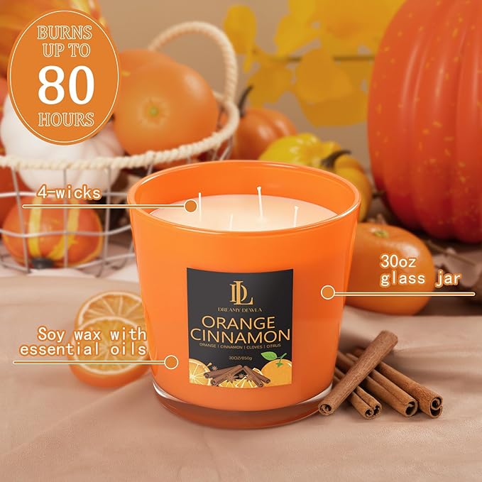 Orange Cinnamon Candle, Fall Scented Candles, Large 30oz Natural Soy Candles, 4-Wick 80 Hour Burn Time, Holiday Candle Gifts for Home Decor