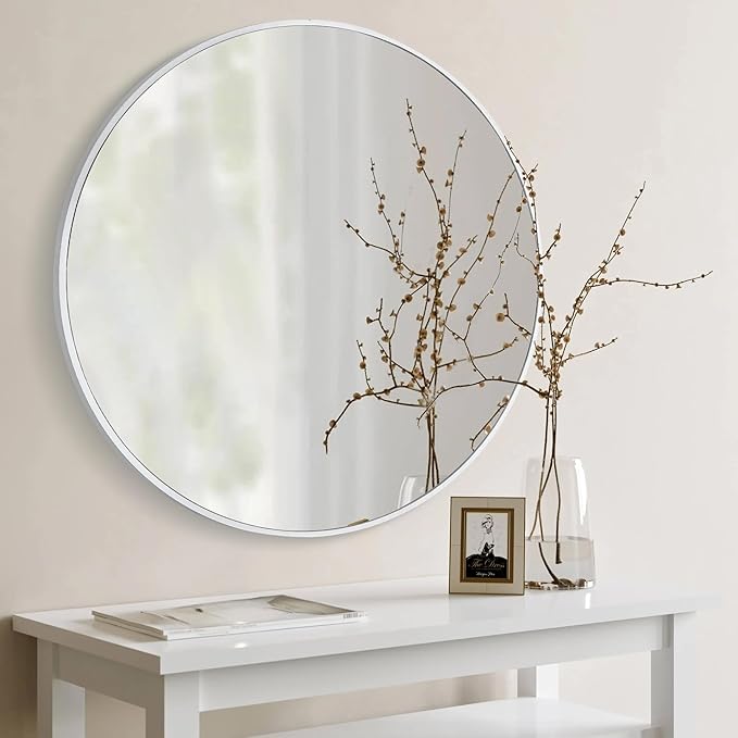 White Round 36 Inch Mirror,Circle Bathroom Vanity Mirror for Wall,Hanging Modern Tempered Glass Mirror for Entryway or Living Room