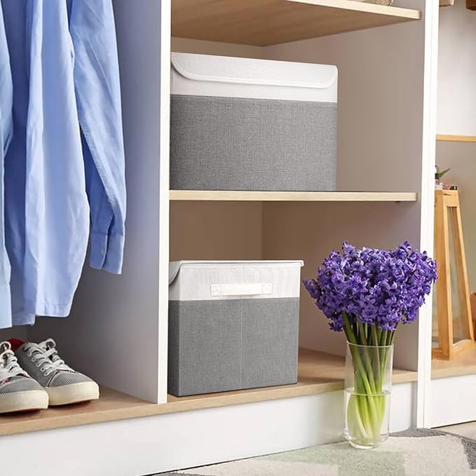 Large 17" 42 Quarts Collapsible Stackable Storage Bins with Lids [3-Pack] Foldable Fabric Linen Storage Boxes Cube, Closet Organizer Baskets with Label (16.7 x 12 x 12", Gray & White)
