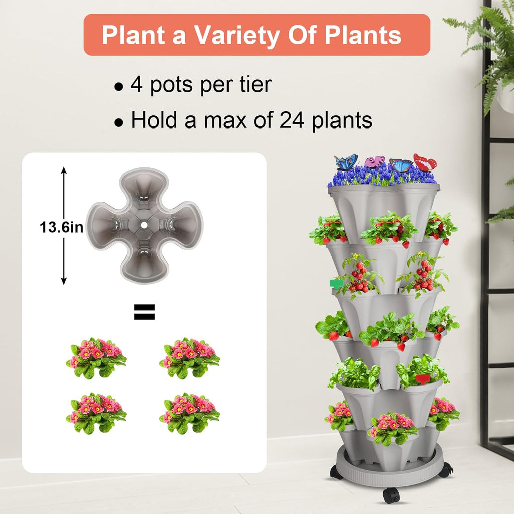 Vertical Planter, 6 Tier Stackable Strawberry Planter with Garden Tool Set, Movable Indoor/Outdoor Garden Herb Pot for Growing Vegetables and Succulents, Gray