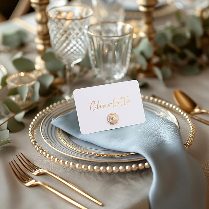 UNIQOOO 12Pcs Decorative Gold Shell Place Card Holders Bulk, Scallop Name Card Stands Set, for Beach Wedding Decor Coastal Favors, Table Setting, Business Card, Name Tag, Party Food Labels