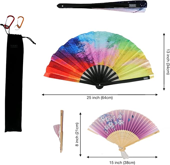 Large Rave Fan - 2 Pack Handheld Folding Fans With Holder - Accessories for Festivals, EDM, Burlesque, Drag Queen, Raver Gifts (Meteorite)