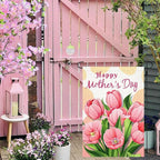 Doncida Happy Mother’s Day Garden Flag 12x18 Inch Burlap Double Sided Pink Tulip Floral Yard Flag Farmhouse Holiday Outside Decorations