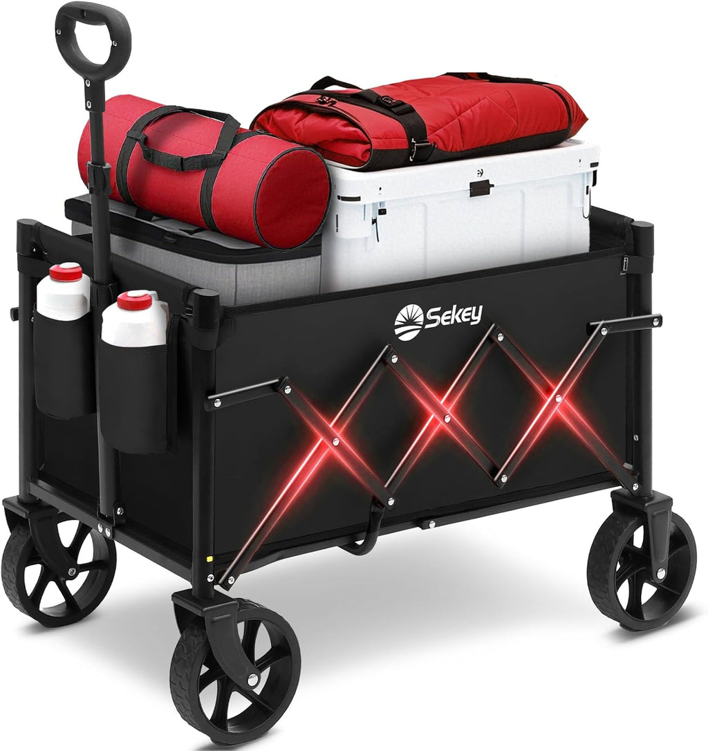 Sekey Heavy Duty Wagon with Big Wheels, Foldable Cart with 220LBS Capacity, Utility Lightweight Wagon, Collapsible Grocery Shopping Cart for Camping Sports & Holiday. Black