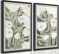 2 Pcs Boho Wildflowers Canvas Wall Art Green Bohemia Abstract Floral Botanical Painting Picture Wall Decor Poster Print Artwork for Living Room Bedroom Bathroom Home Decoration Unframed