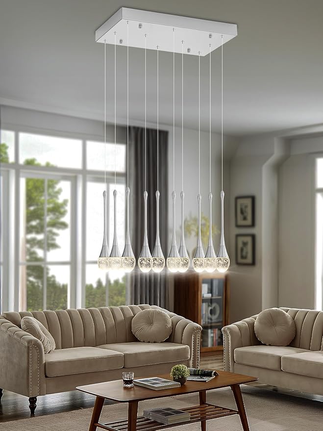 Rectangular Chandeliers for Living Room Silver Dining Room Lights Fixture Raindrop Pendant Lights Kitchen Island Crystal Chandelier for Staircase Hallway Foyer Entryway