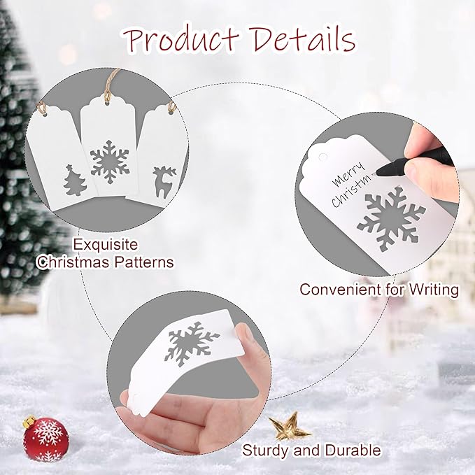Aneco 150 Pieces Christmas Paper Gift Tags White Kraft Tags Hang Labels Christmas Tree Snowflake Reindeer Design with 30 Meters Jute Twine for Christmas DIY Wrapping Favor Holiday Present