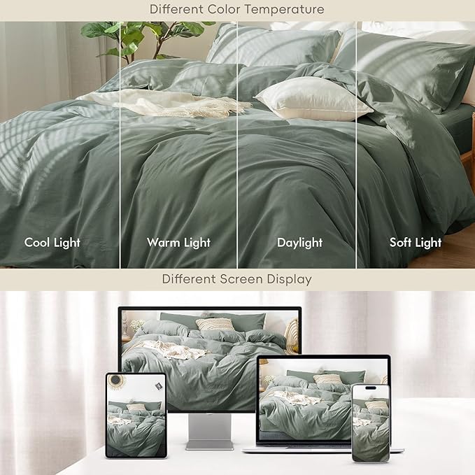 MooMee Bedding Duvet Cover Set 100% Washed Cotton Linen Like Textured Breathable Durable Soft Comfy (Heathered Green, Oversized Full 82"x86")