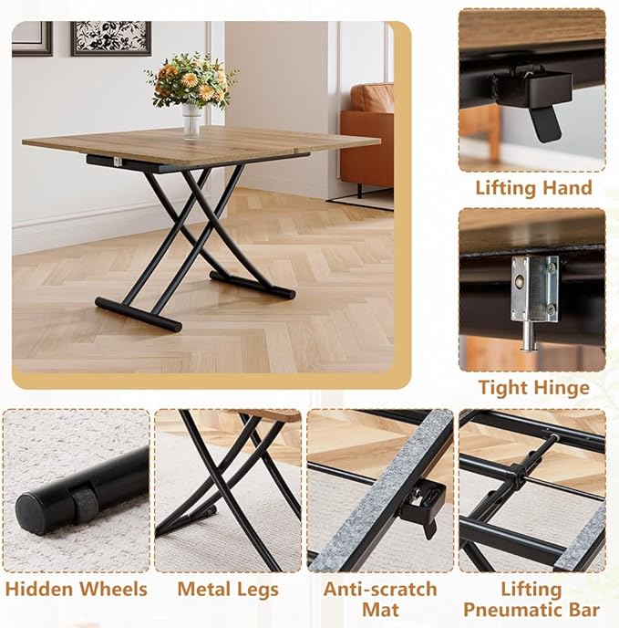 4 in 1 Folding Dining Table with Adjustable Lift Top & Wheels, Multi-Function Coffee Table to Dining Table for Apartments, Kitchens, Living Rooms, Scratch-Resistant & Easy Assembly