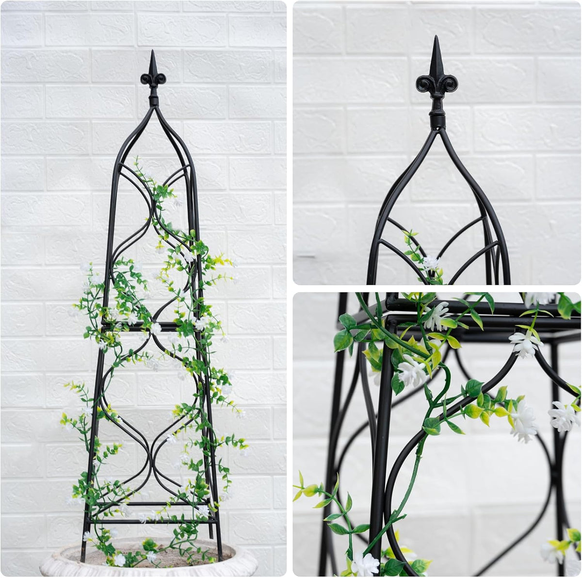 Obelisk Trellis for Garden - 38.3" x 10.03" Durable Metal Climbing Support for Roses, Vines & Flowers | Elegant Black Design with Decorative Top & Hollow Sides