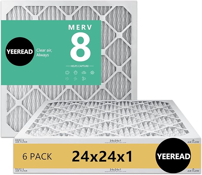 24x24x1 MERV 8 Air Filters 6-Pack, Actual Size 23.7" x 23.7" x 0.75" – Compatible with HVAC, Air Conditioners & Furnaces– High Particle Capture & Smooth Airflow