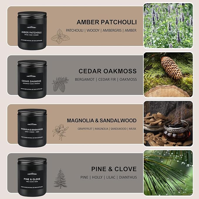 Scented Candle Set, Men Candle Set, Scented Candles for Home, Gifts for Men, 28 oz 200 Hour Burn Time,4 Pack Manly Gifts Soy Candles of Cedar Oakmoss/Pine&Clove/Patchouli/Sandal Wood