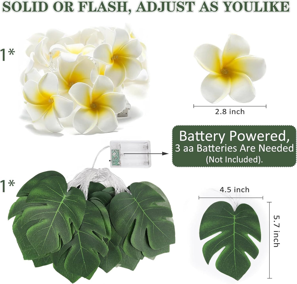 RECUTMS Monstera Leaf String Lights Artificial Foam Plumeria Tropical Palm Leaves Flower 40 LED Battery Operated Fairy Light Hawaiian Luau Beach Party Summer Decorations Outdoor Indoor(White+Green)